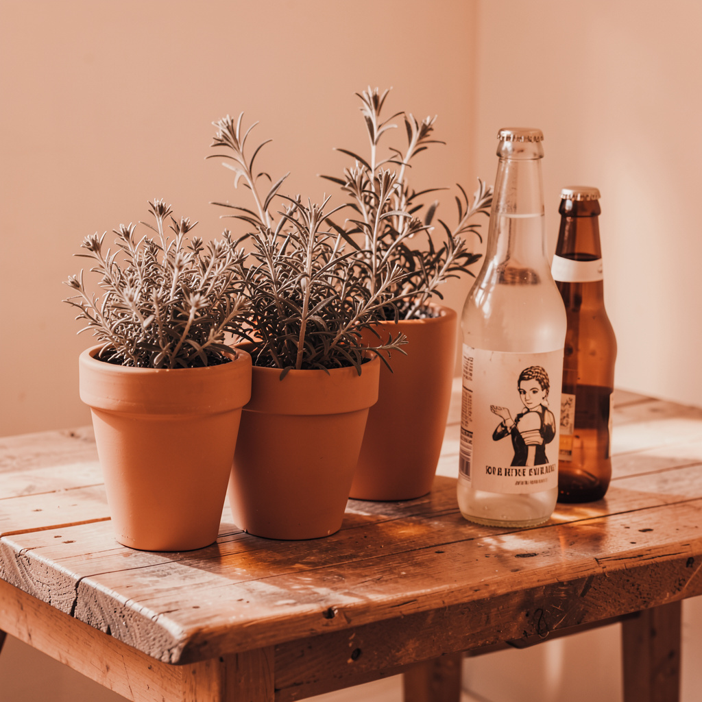 Buitentafel met kruidenpotjes en bierflessen, in zachte perziktinten met terracotta accenten.