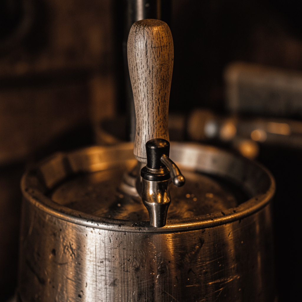 Close-up van een biervat met houten kraan, in donkere amber en houtbruine tinten.