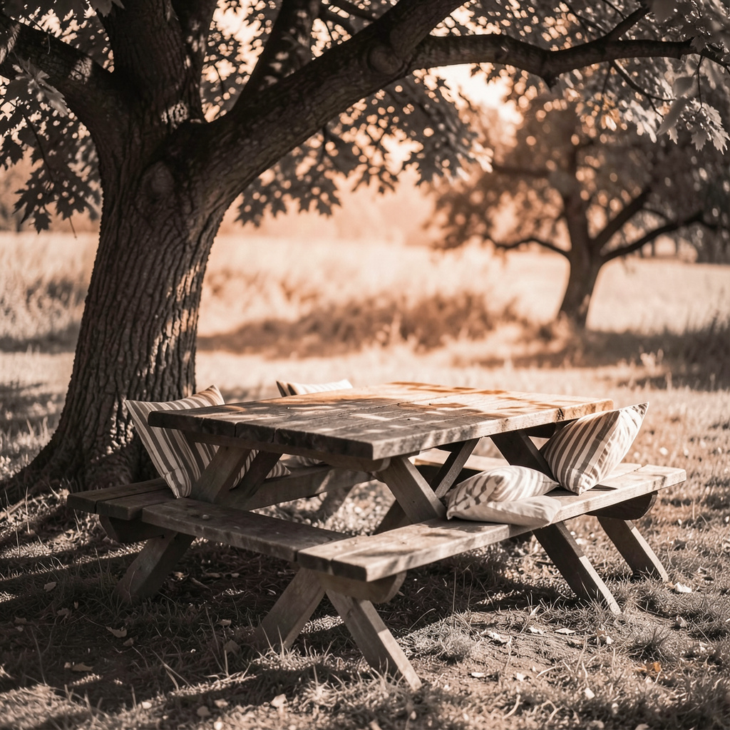 Picknicktafel in de schaduw van een oude boom, met gestreepte kussens, in zachte aardetinten.