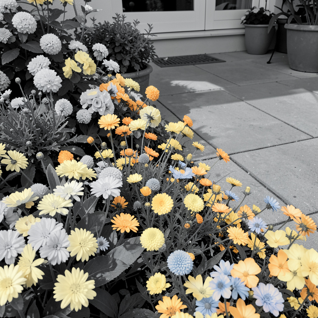 Bloemenrand langs het terras met madeliefjes en korenbloemen, in pastelgeel en blauwtinten.