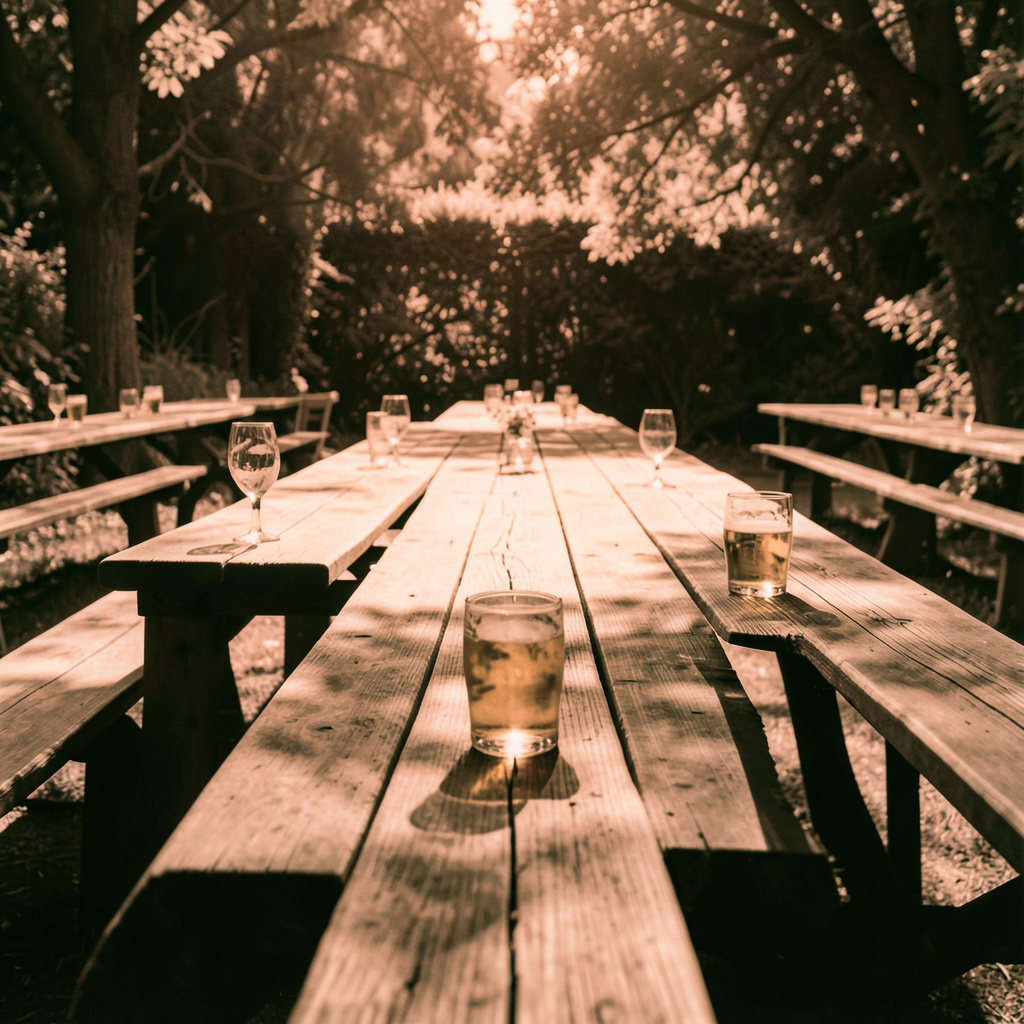 Buitenruimte met lange houten tafels en bierglazen, in zachte perzik-beige tinten met donkergroene schaduwen, sfeervol en rustig.